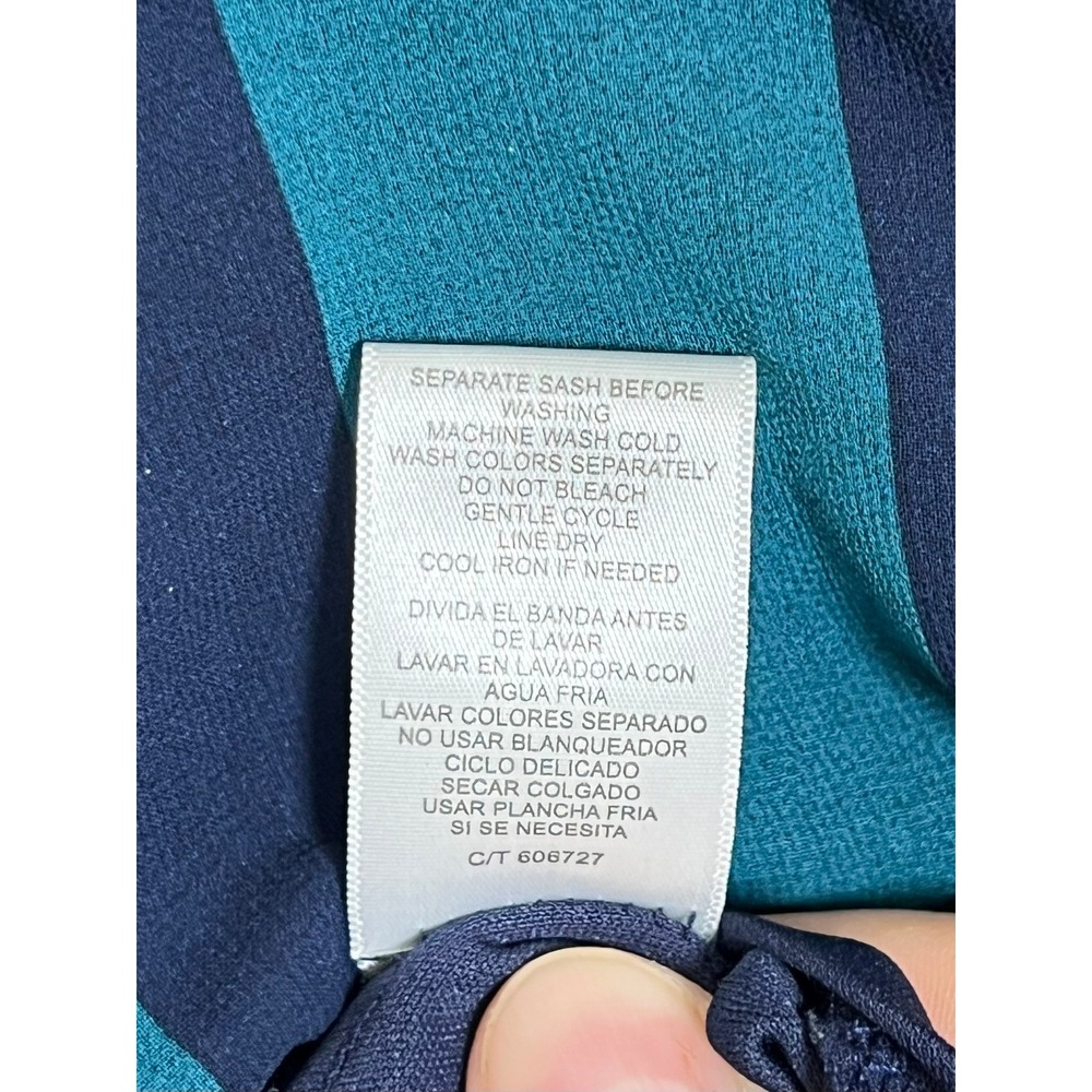Maison Tara Womens Striped Faux Wrap Midi Dress Teal Navy Bell Sleeve Size 8 - Picture 10 of 11